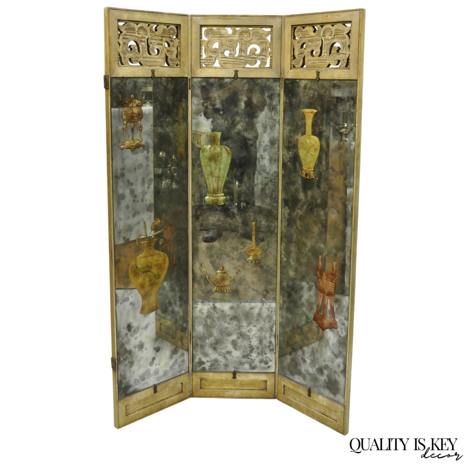 Antique Chinoiserie Oriental Eglomise Antiqued Mirror Glass 3 Panel Room Screen