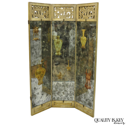 Antique Chinoiserie Oriental Eglomise Antiqued Mirror Glass 3 Panel Room Screen