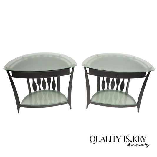 Modern Steel & Glass Demilune Side Table Console Entertainment TV Stand - a Pair