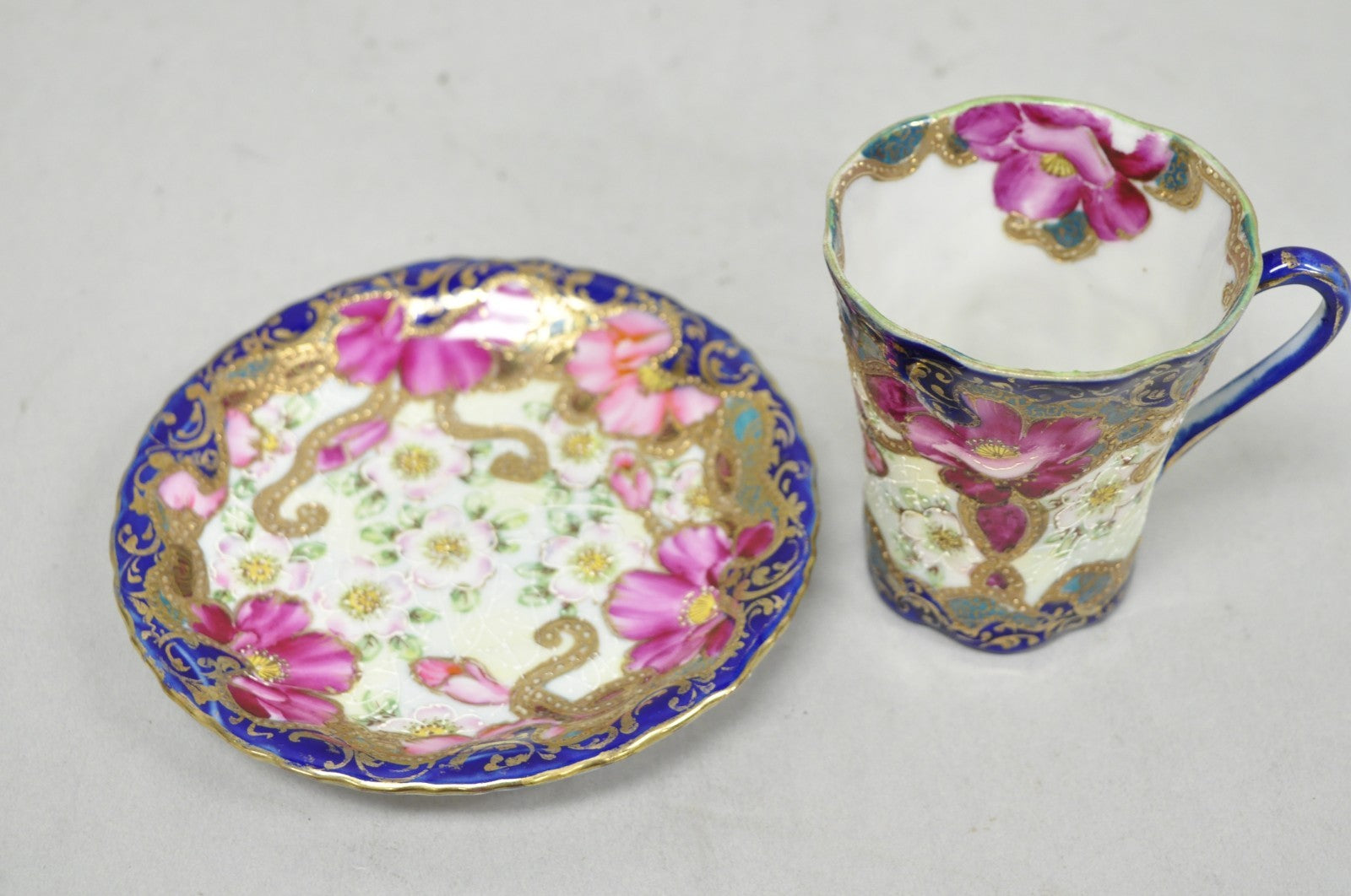 Antique Victorian Teacup & Saucer Cobalt Blue & Roses w/ Draped Gold Trim