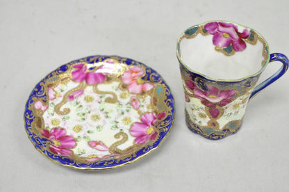Antique Victorian Teacup & Saucer Cobalt Blue & Roses w/ Draped Gold Trim