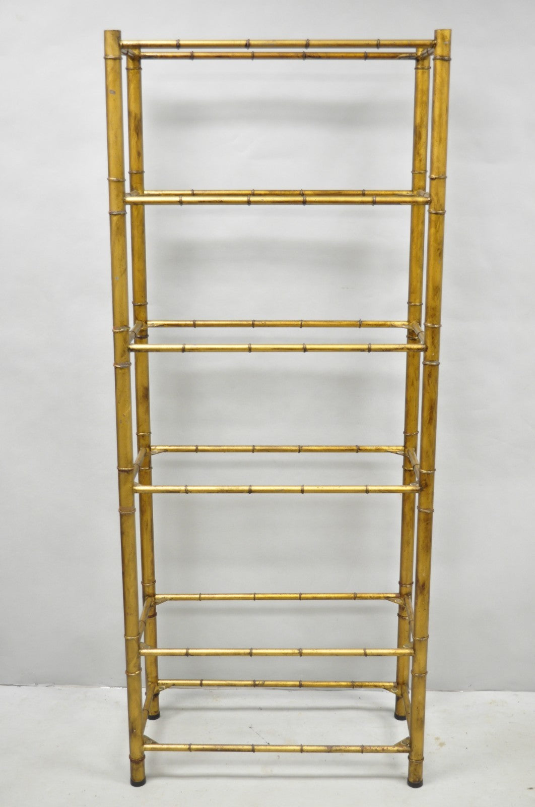 Vintage Hollywood Regency Gold Gilt Iron Metal Faux Bamboo Etagere Bookcase
