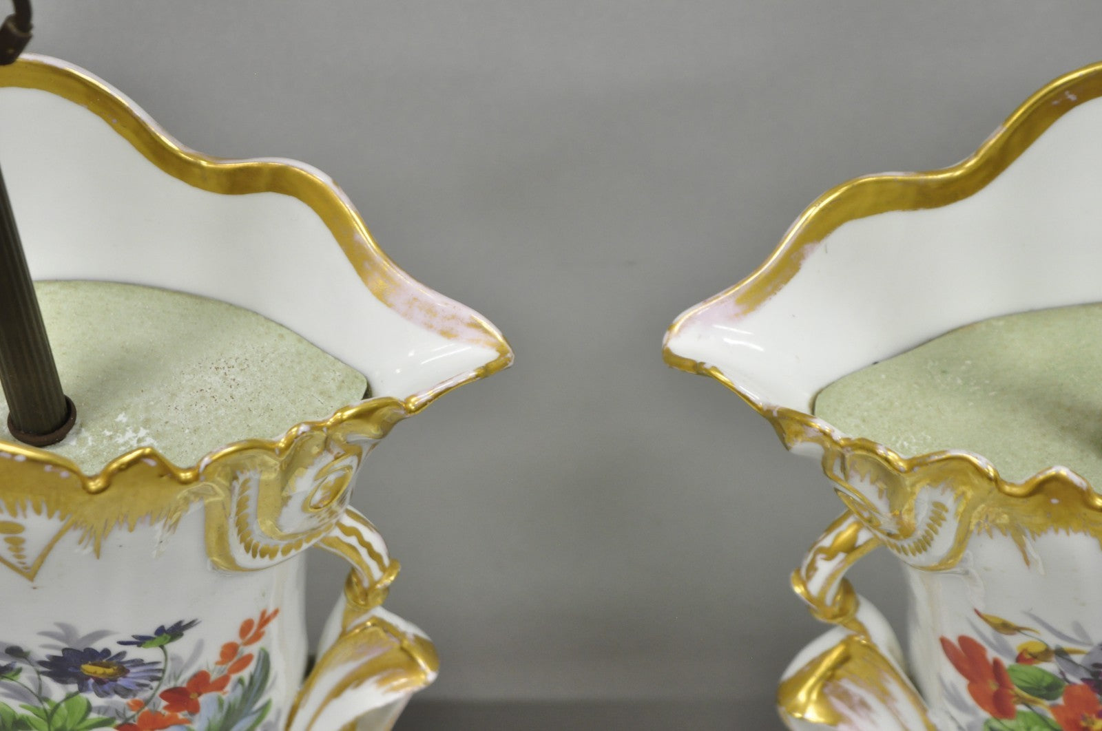 Antique Art Nouveau Austrian Porcelain Painted French Floral Table Lamps, a Pair