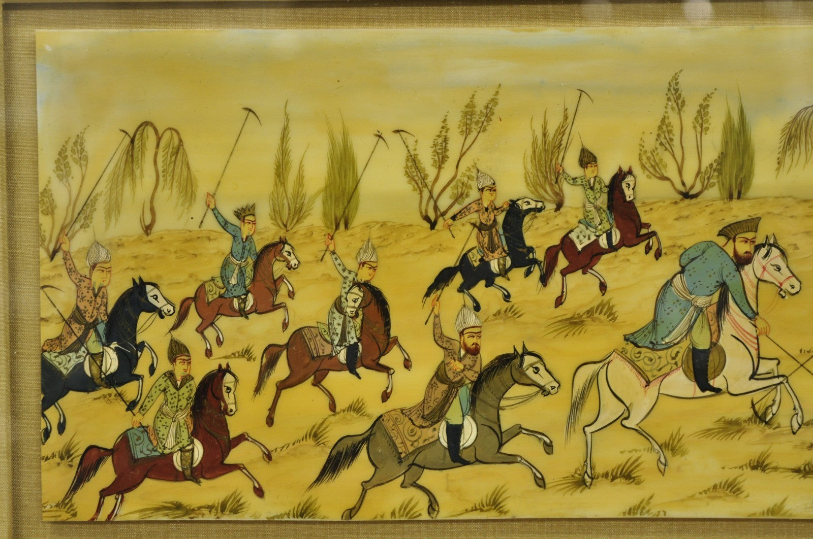 Vintage Persian Miniature Framed Hand Painted Polo Players & Horses on Bone