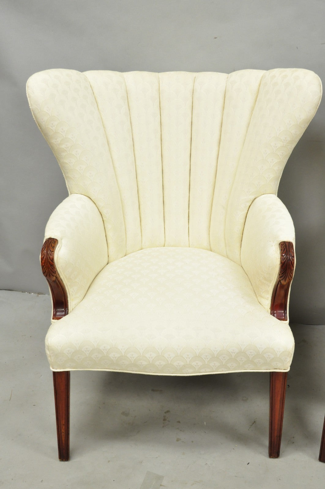 Vintage French Art Deco Style Channel Wingback Mahogany Lounge Arm Chairs - Pair