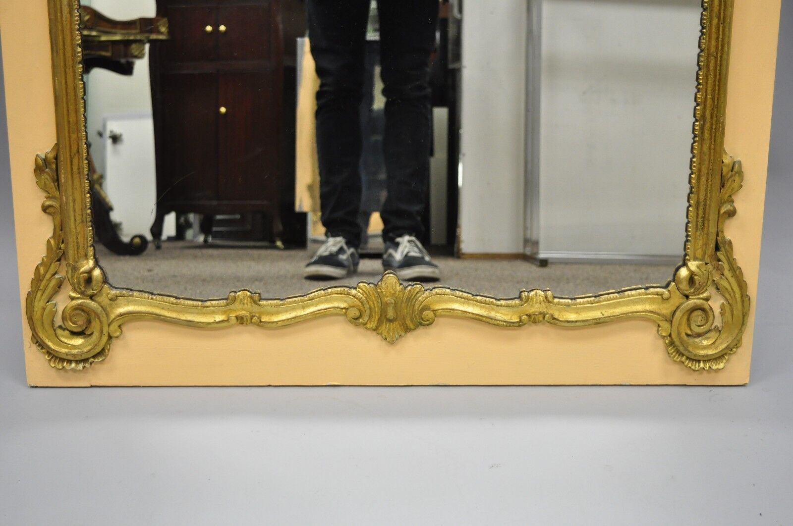 Antique French Louis XV Style Large Peach & Gold Giltwood Trumeau Wall Mirror
