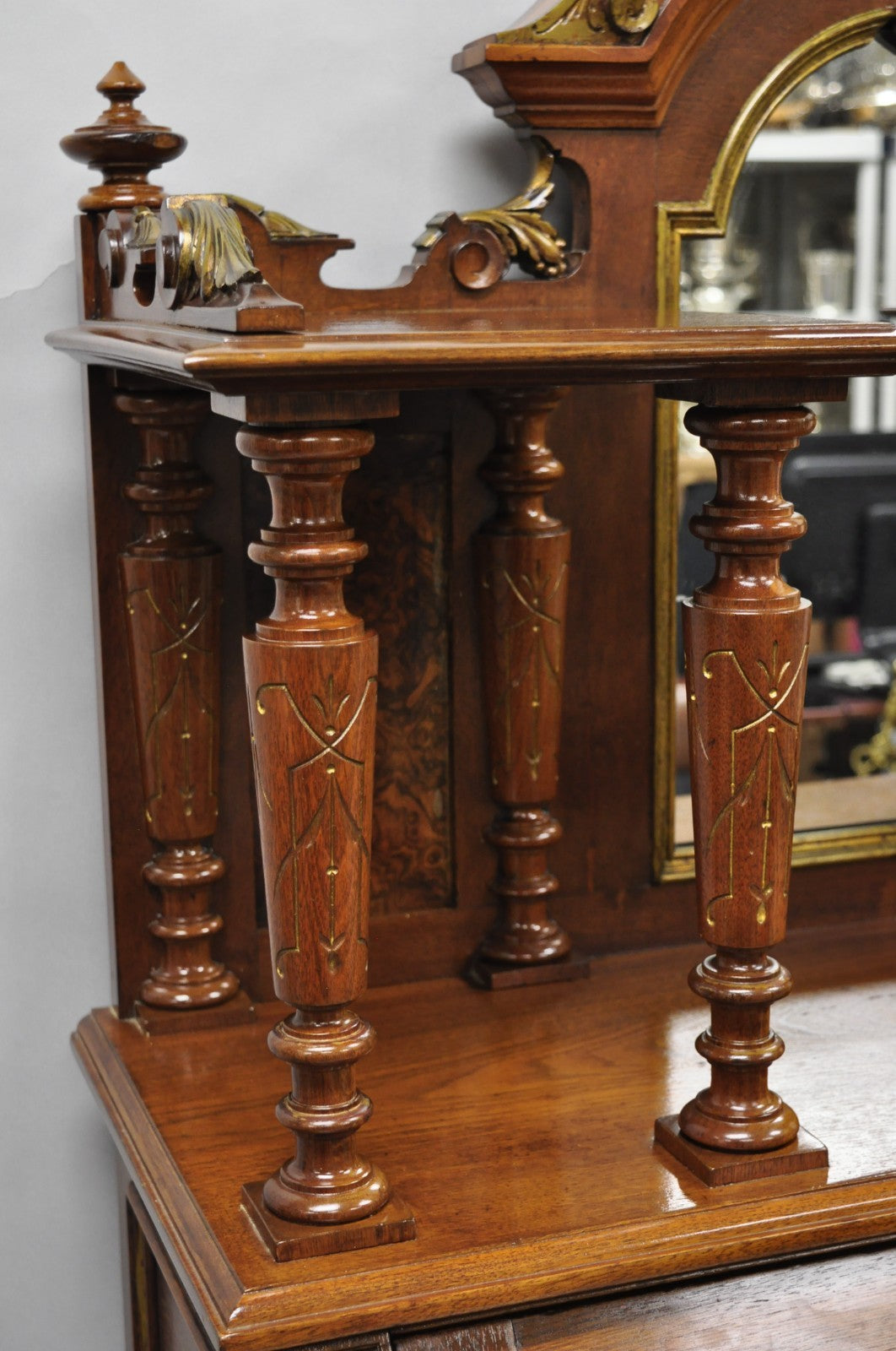 Antique Victorian Burl Walnut Slant Front Secretary Writing Desk with Mirror
