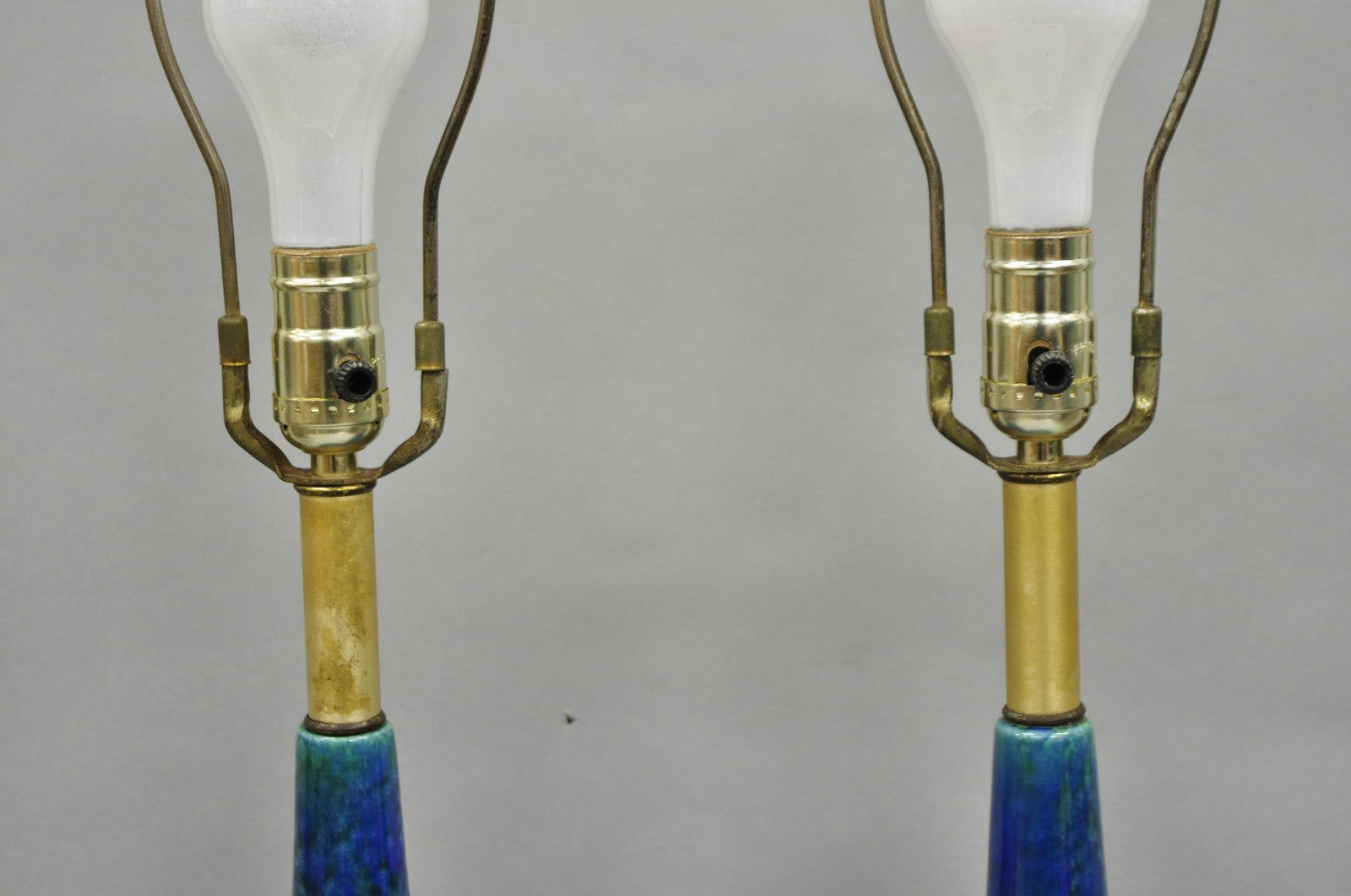 Mid Century Modern Blue & Green "Peacock" Glazed Ceramic Pottery Table Lamp Pair