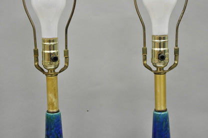Mid Century Modern Blue & Green "Peacock" Glazed Ceramic Pottery Table Lamp Pair