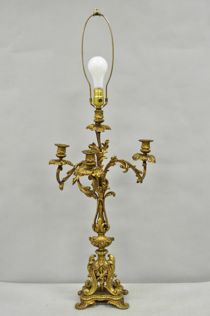Antique French Rococo Baroque Gold Bronze Leafy Scroll Candelabra Table Lamp