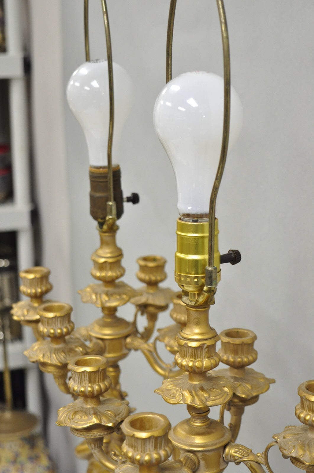 Vintage French Renaissance Louis XV Gold Cherub Candelabra Table Lamps - a Pair