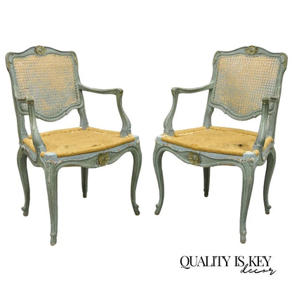 Antique French Louis XV Style Blue Painted Cane Back Fauteuil Arm Chairs - Pair