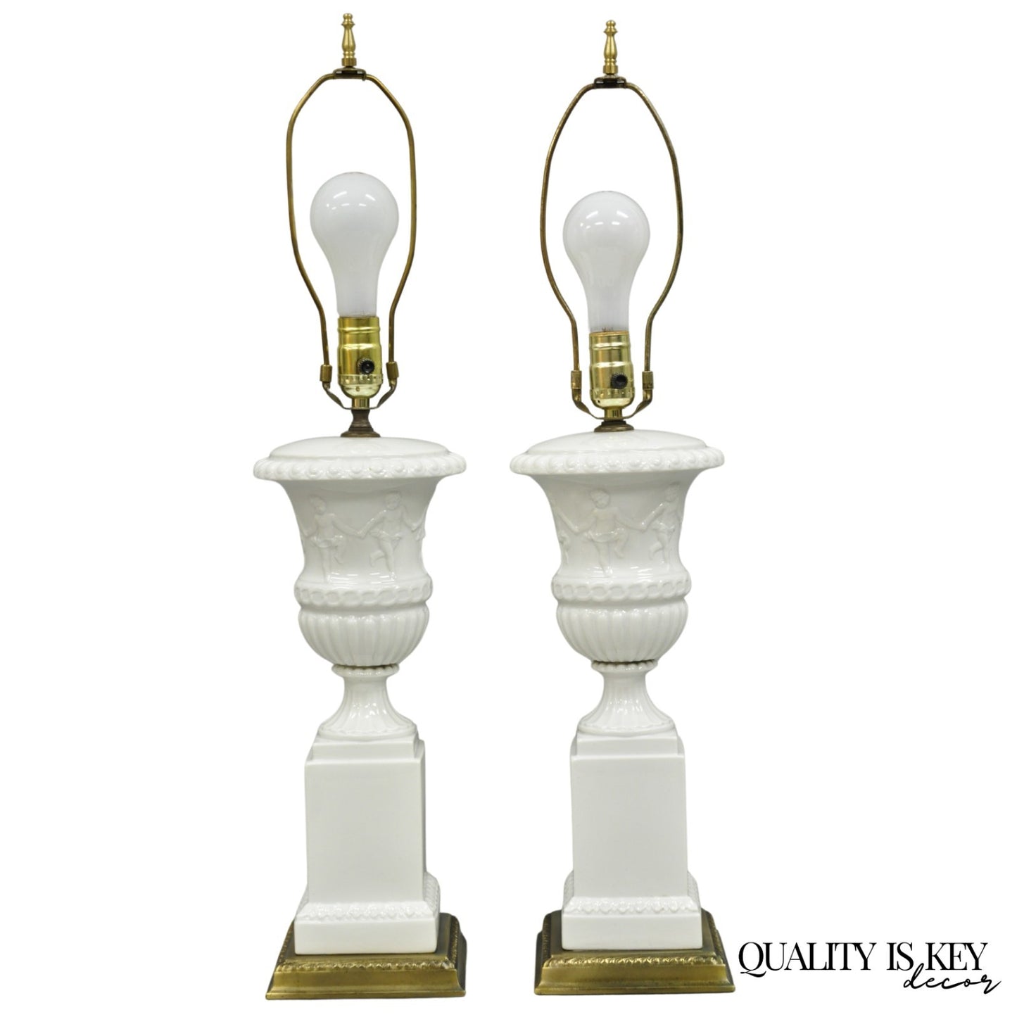 Vintage Italian Neoclassical White Porcelain Urn Table Lamps w/ Cherubs - a Pair