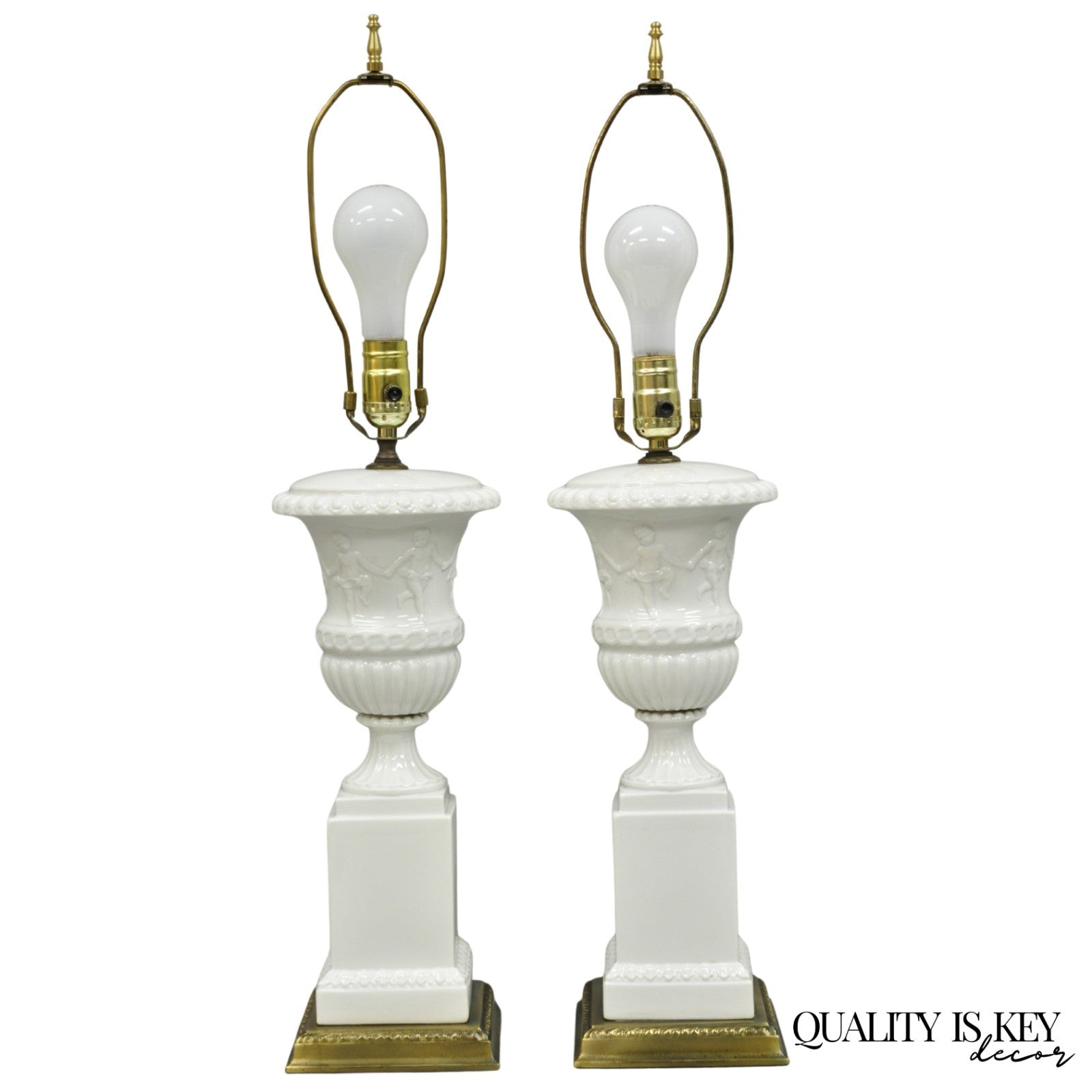 Vintage Italian Neoclassical White Porcelain Urn Table Lamps w/ Cherubs - a Pair