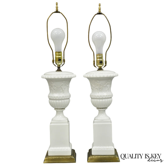 Vintage Italian Neoclassical White Porcelain Urn Table Lamps w/ Cherubs - a Pair