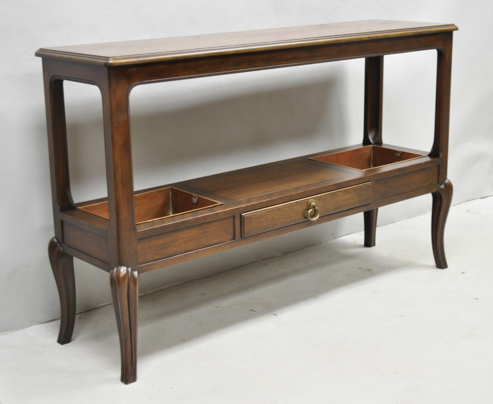 Vintage Baker Dark Cherry Wood Narrow French Console Hall Table w Copper Inserts