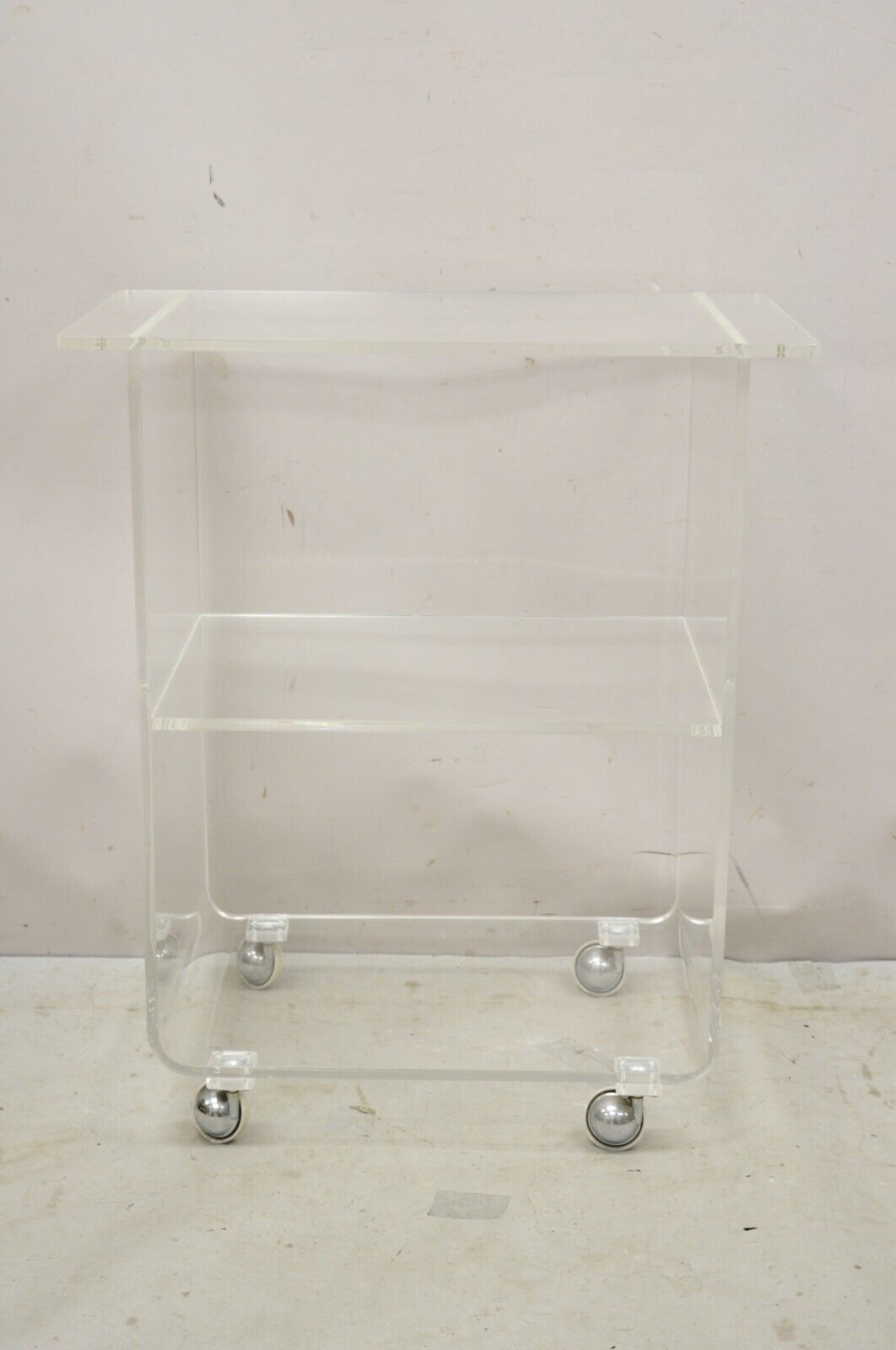 Vintage Clear Lucite Acrylic Mid Century Modern Rolling Bar Cart Side Table
