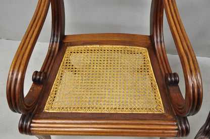 Vintage English Regency Style Cane Seat Mahogany Saber Leg Arm Chairs - a Pair