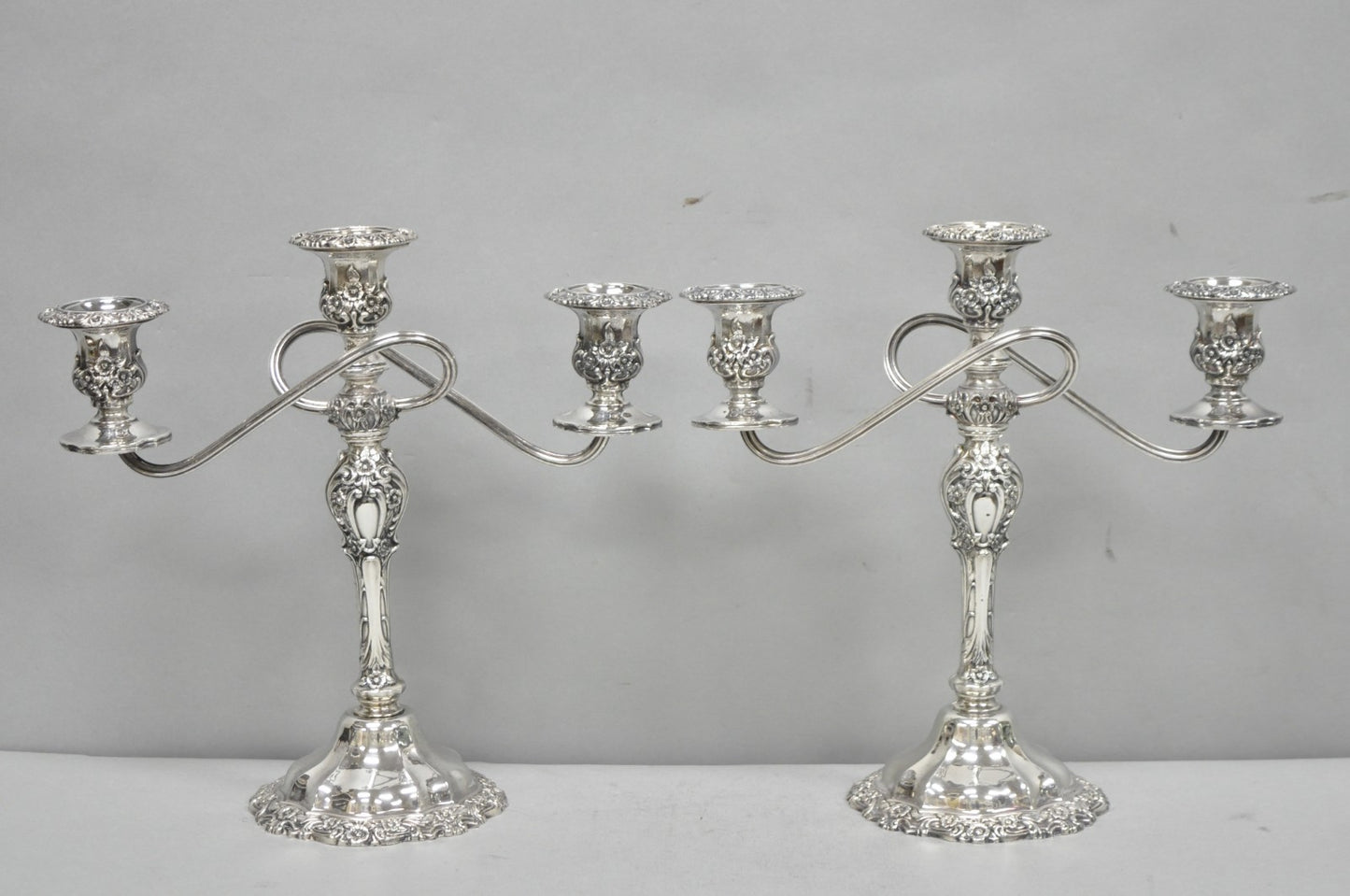 Vintage International Silver Co Countess Silver Plated 3 Arm Candelabra - Pair