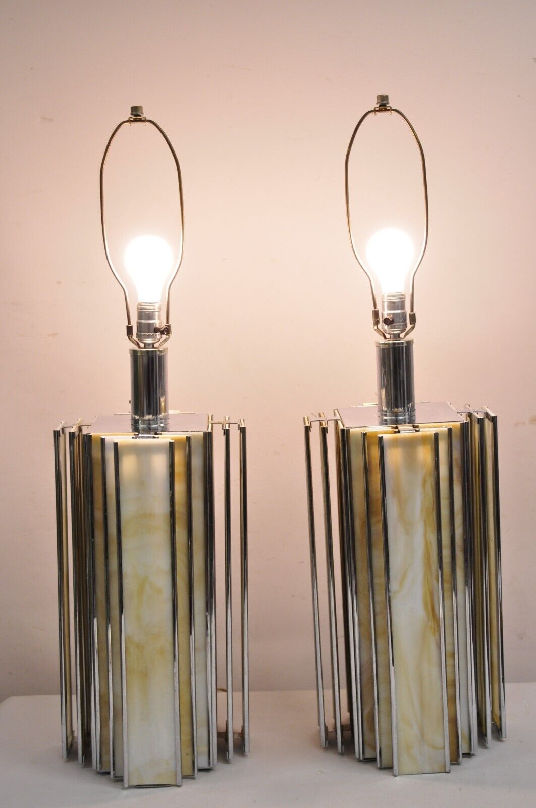 Vintage Art Deco Chrome & Stained Glass Skyscraper Table Lamps - a Pair