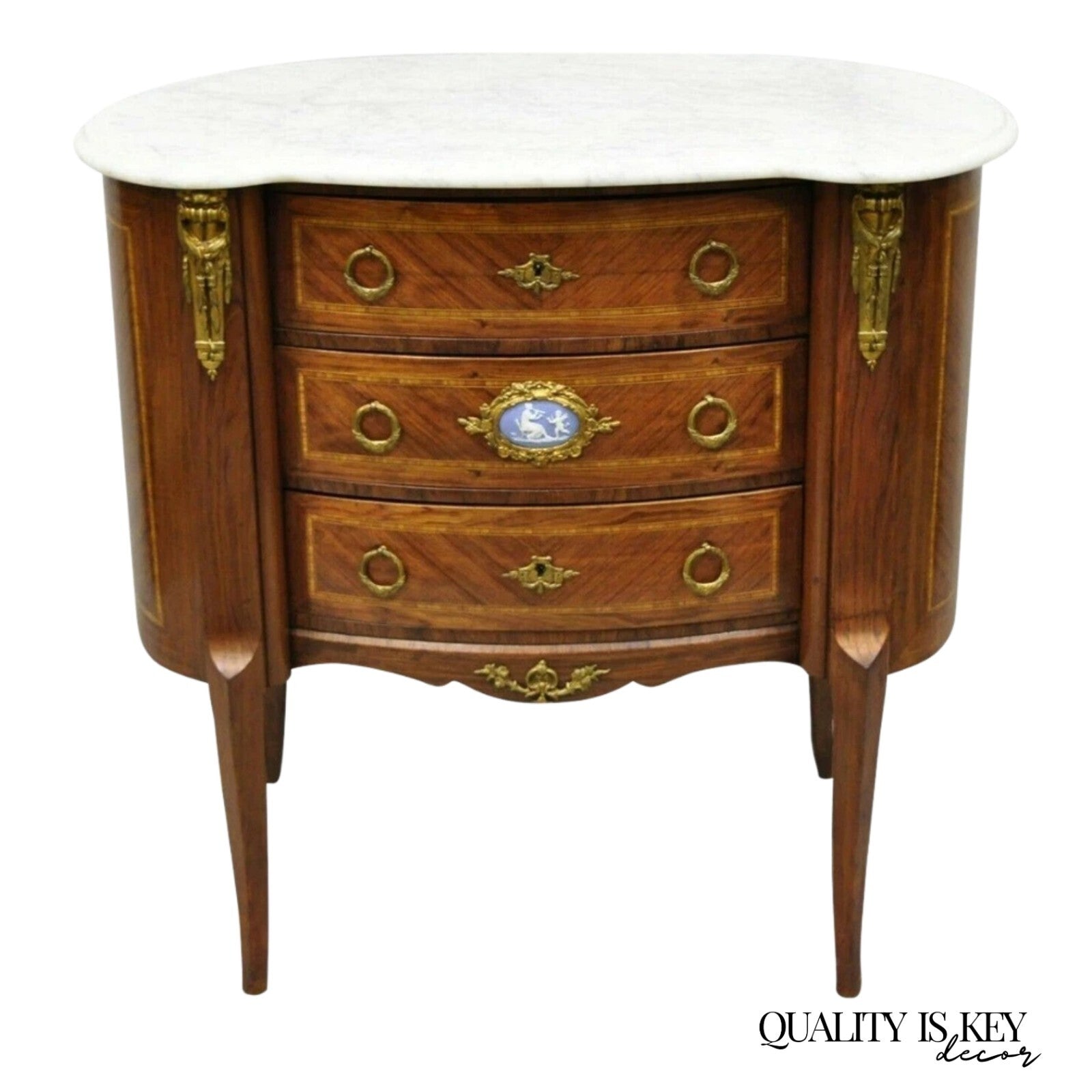 Antique French Louis XV Style Marble Top Bronze Ormolu Bombe Commode Nightstand