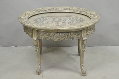 Vintage French Renaissance Walnut Gray Distress Painted Cherub Coffee Table