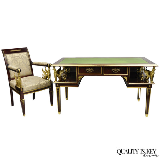 French Empire Revival Green Leather Top Bronze Griffin Mahogany Desk & Chair