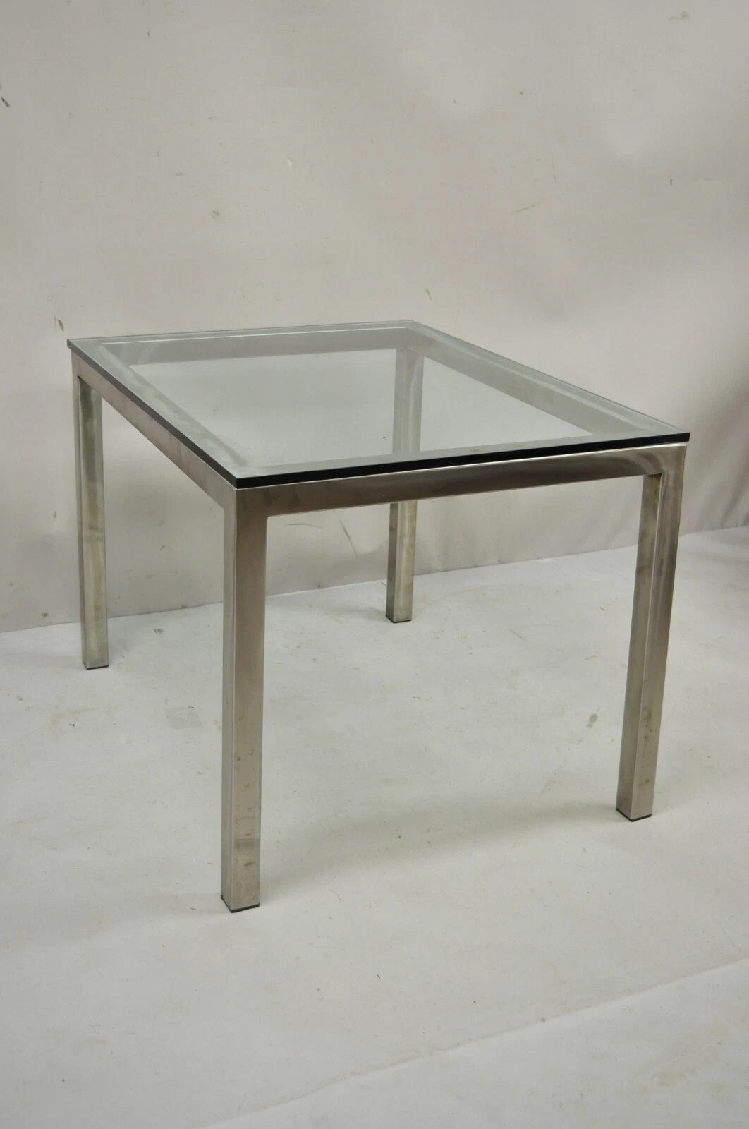 Mid Century Modern Brushed Metal Glass Top Milo Baughman Style Side Table