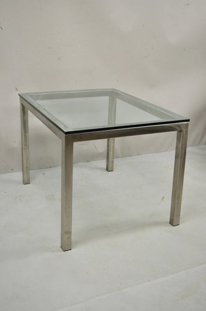 Mid Century Modern Brushed Metal Glass Top Milo Baughman Style Side Table