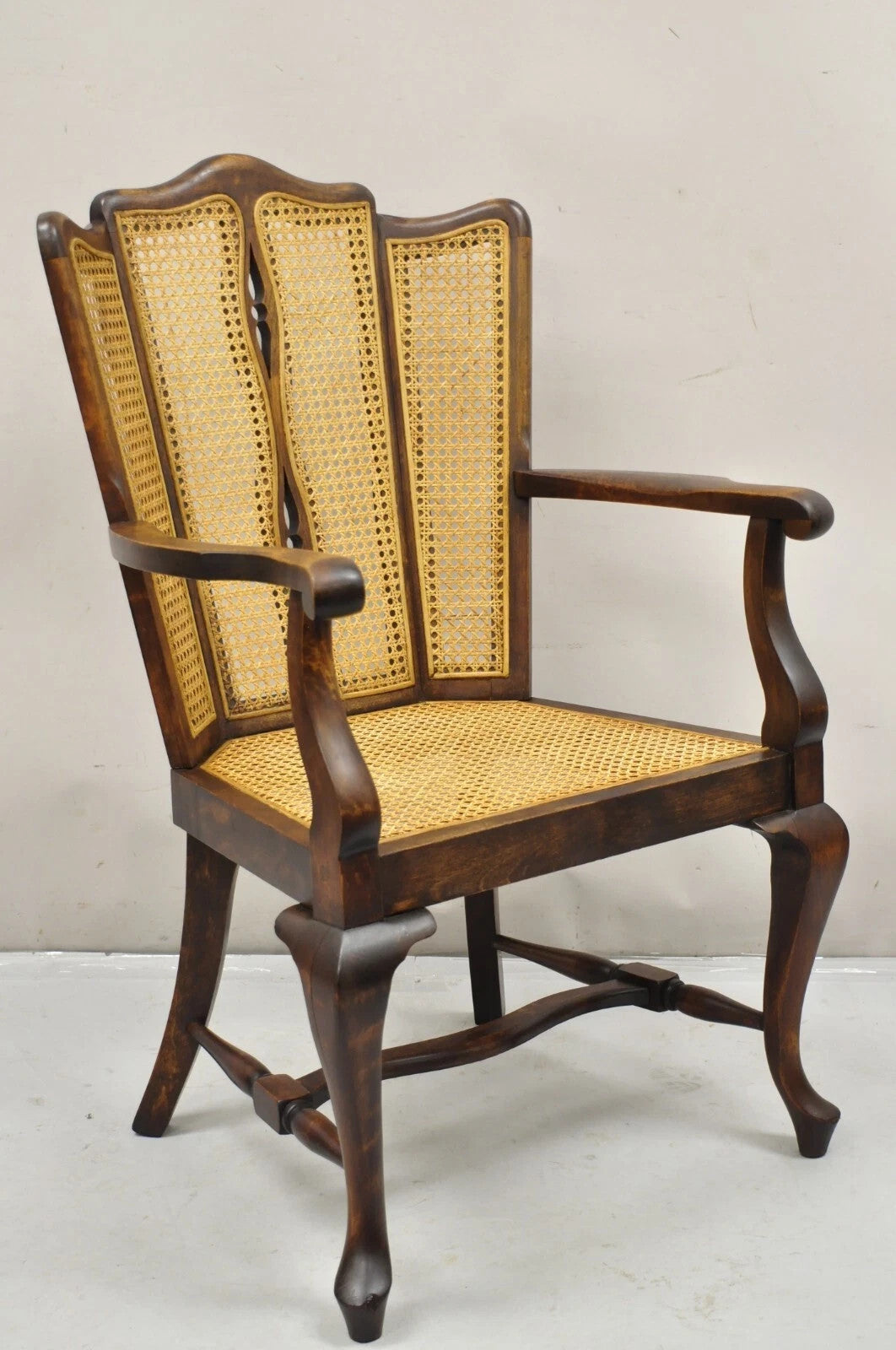Antique Victorian Walnut and Cane Carved Lounge Arm Chair w/ Queen Anne Legs