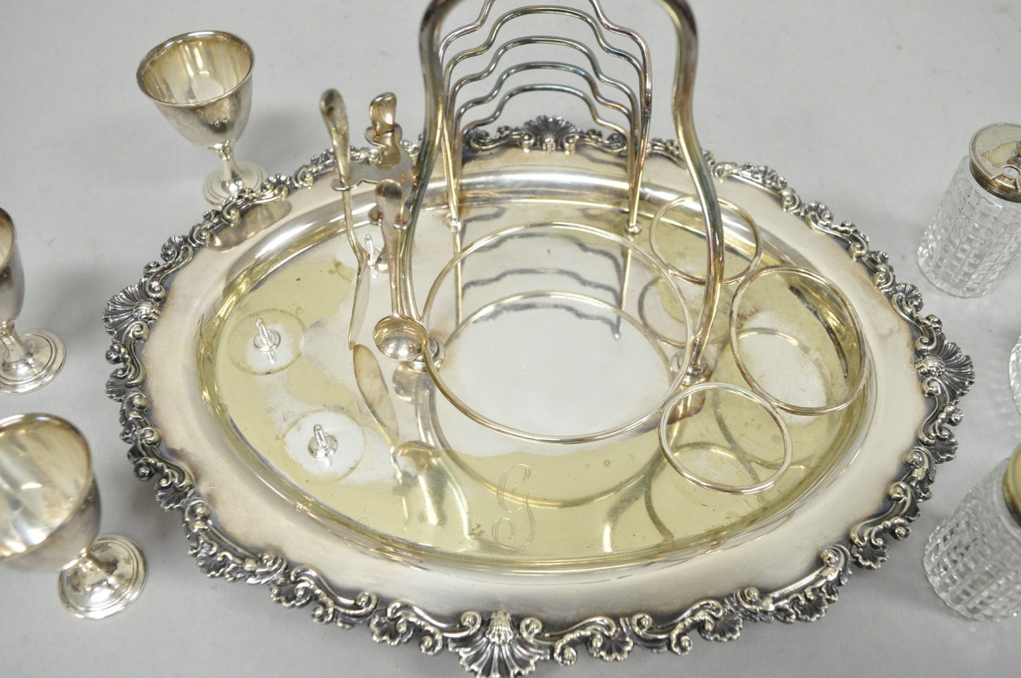 Antique Victorian Silver Plated Footed Cut Glass Breakfast Set Toast Rack w Tray