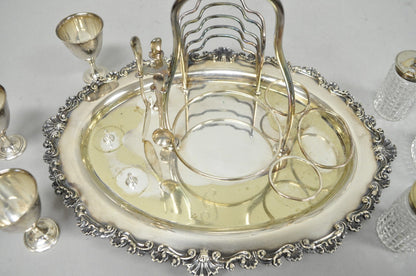Antique Victorian Silver Plated Footed Cut Glass Breakfast Set Toast Rack w Tray