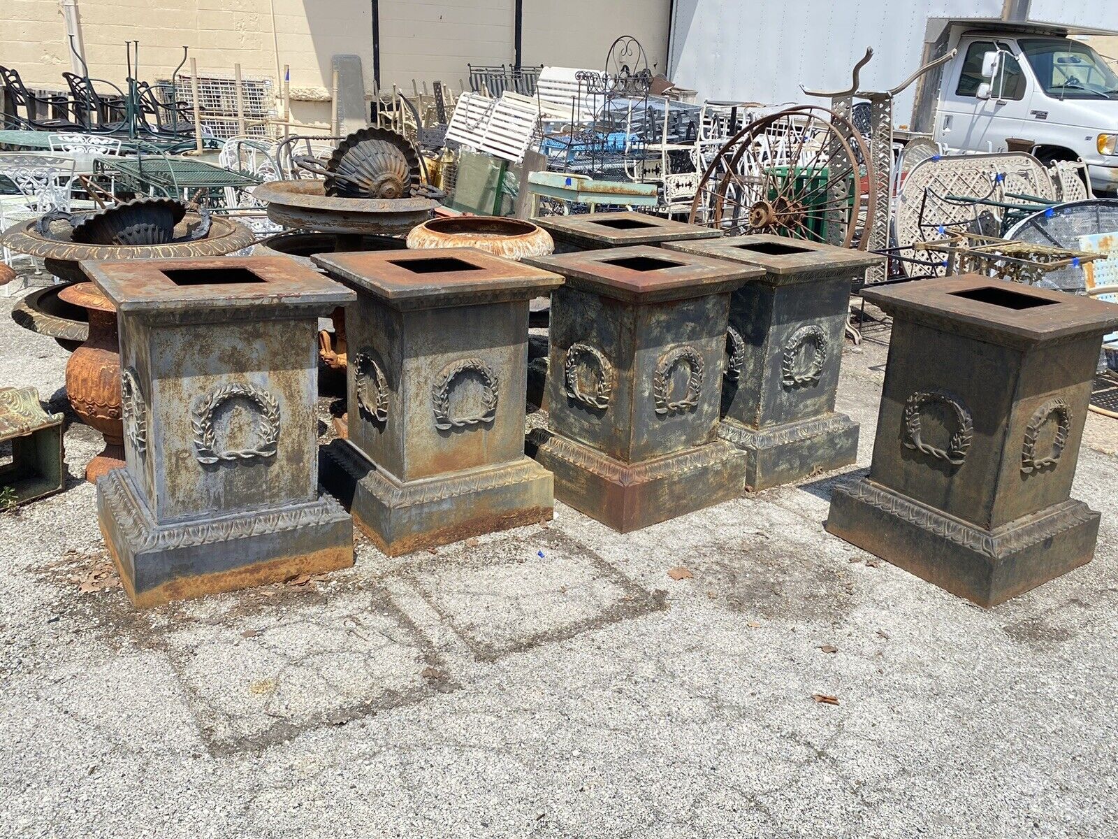 Large Neoclassical Style Cast Iron Garden Planter Urn Pedestal Base w/ Wreath A