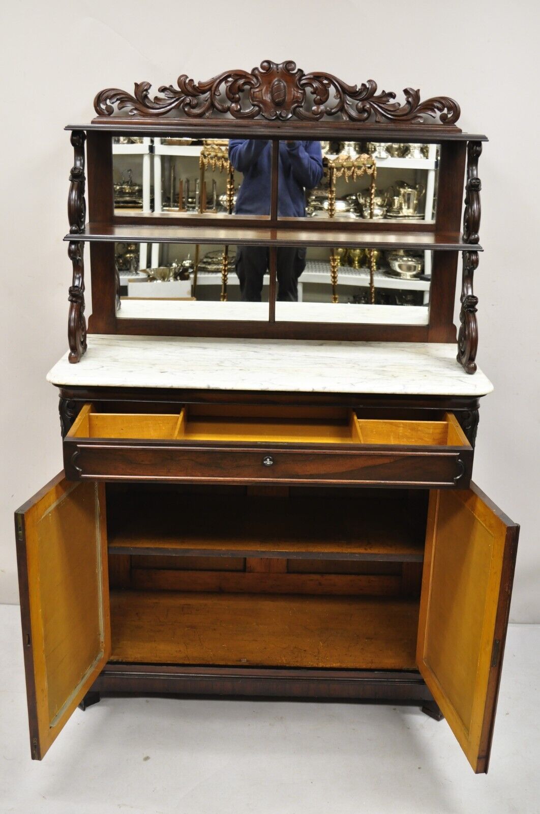 Antique Victorian Rosewood Marble Top Mirror Sideboard Buffet attr. John Jelliff