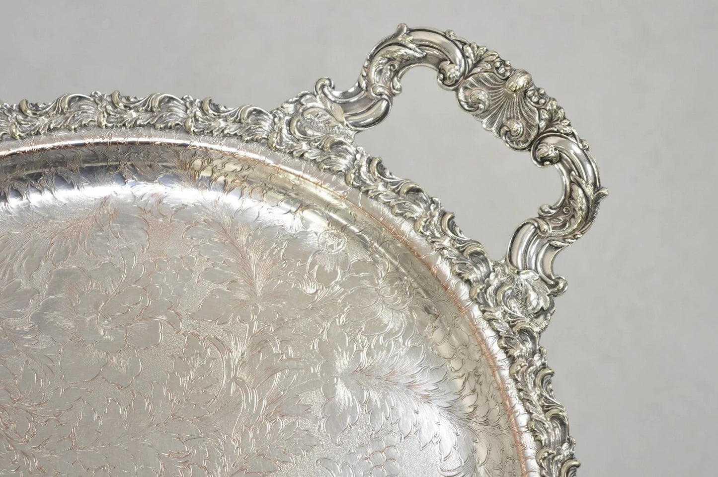 Antique English Victorian Silver Plated Repousse Oval Serving Platter Bar Tray