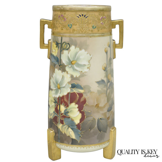 Antique Nippon Noritake Hand Painted Art Nouveau Porcelain Footed Round Vase