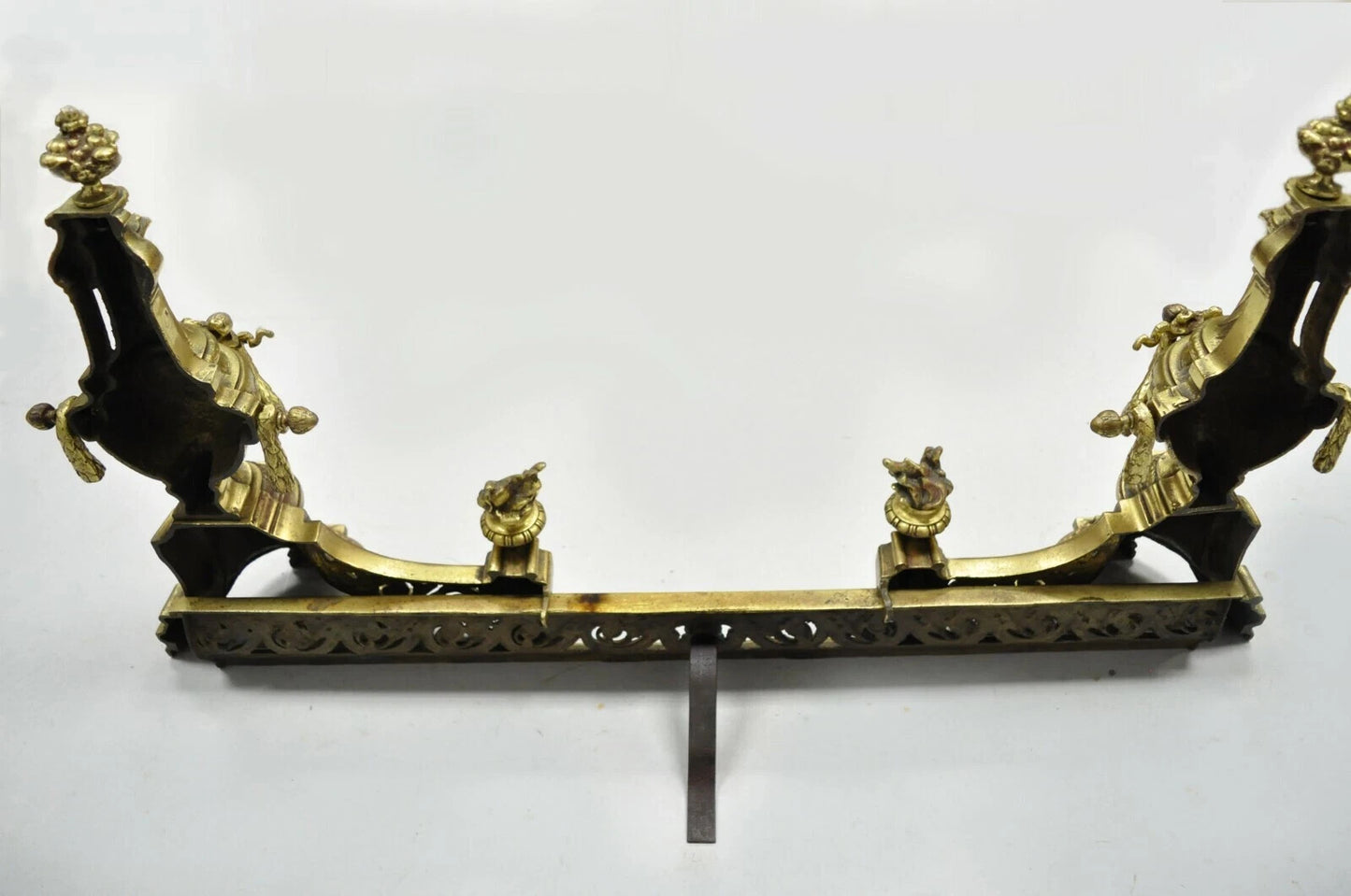 Antique French Louis XVI Brass Bronze Flame Finial Andirons w/ Adjustable Fender