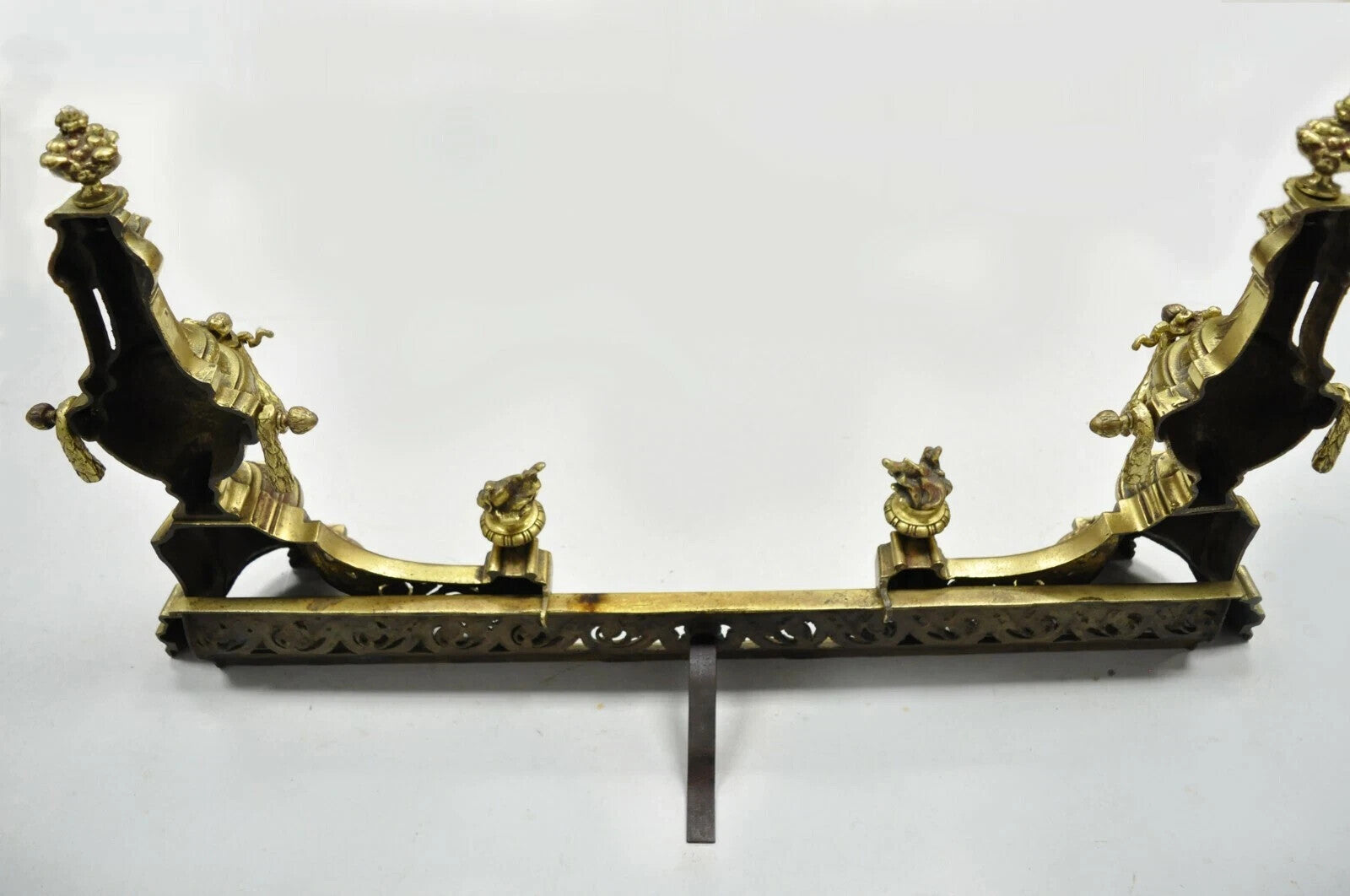 Antique French Louis XVI Brass Bronze Flame Finial Andirons w/ Adjustable Fender