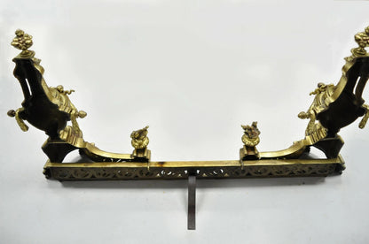 Antique French Louis XVI Brass Bronze Flame Finial Andirons w/ Adjustable Fender