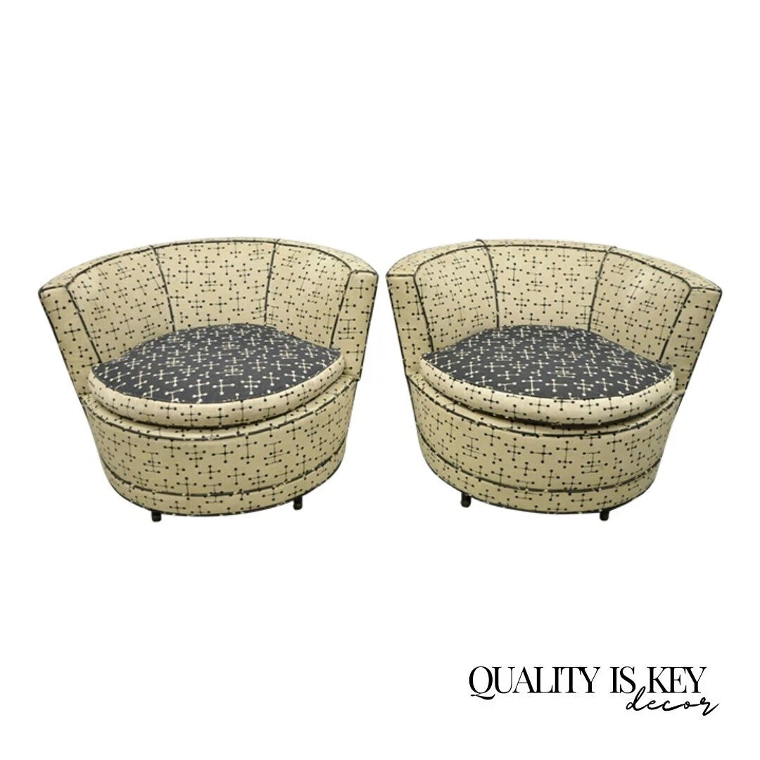 Vintage Mid Century Modern Round Upholstered Oversized Club Lounge Chairs - Pair