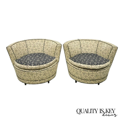 Vintage Mid Century Modern Round Upholstered Oversized Club Lounge Chairs - Pair