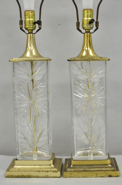 Vintage Dresden Victorian Cut Crystal Glass Flower Brass Table Lamps - a Pair