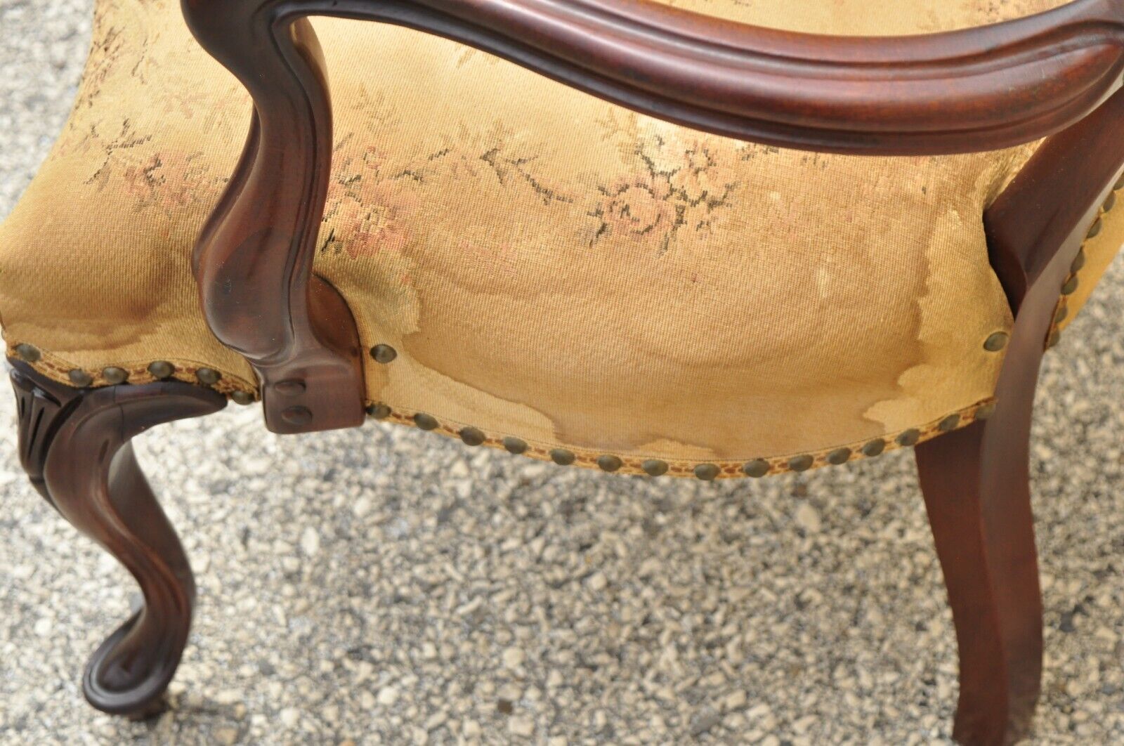 Vintage French Victorian Style Carved Mahogany Frame Lounge Arm Chair