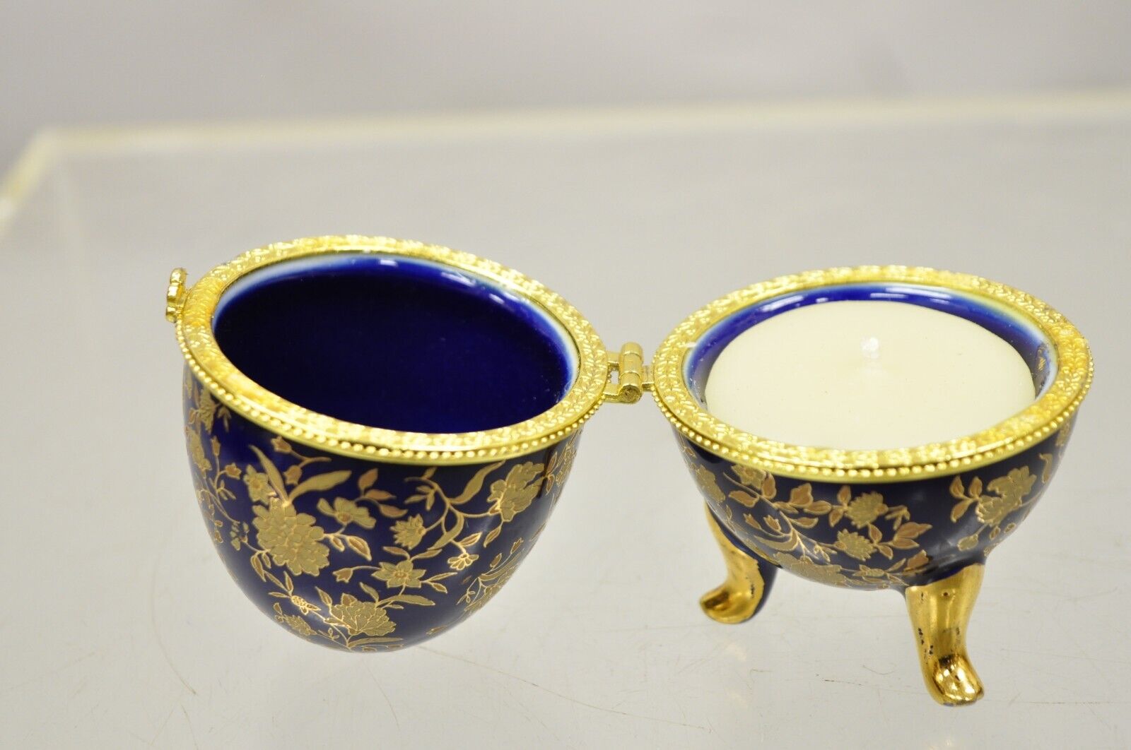 Cobalt Blue Porcelain Egg Gold Gilt Hinged Lid Candle Trinket Box - 2 Pcs