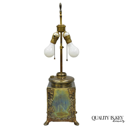 Antique French Art Nouveau Brass Maple Leaf Converted Oil Lamp Table Lamp