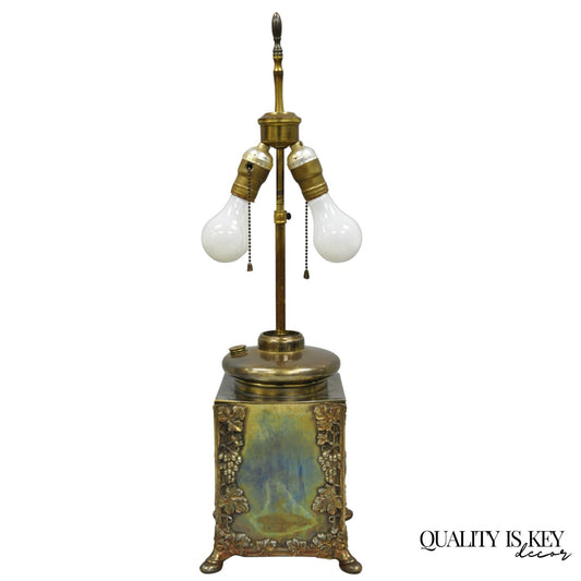 Antique French Art Nouveau Brass Maple Leaf Converted Oil Lamp Table Lamp
