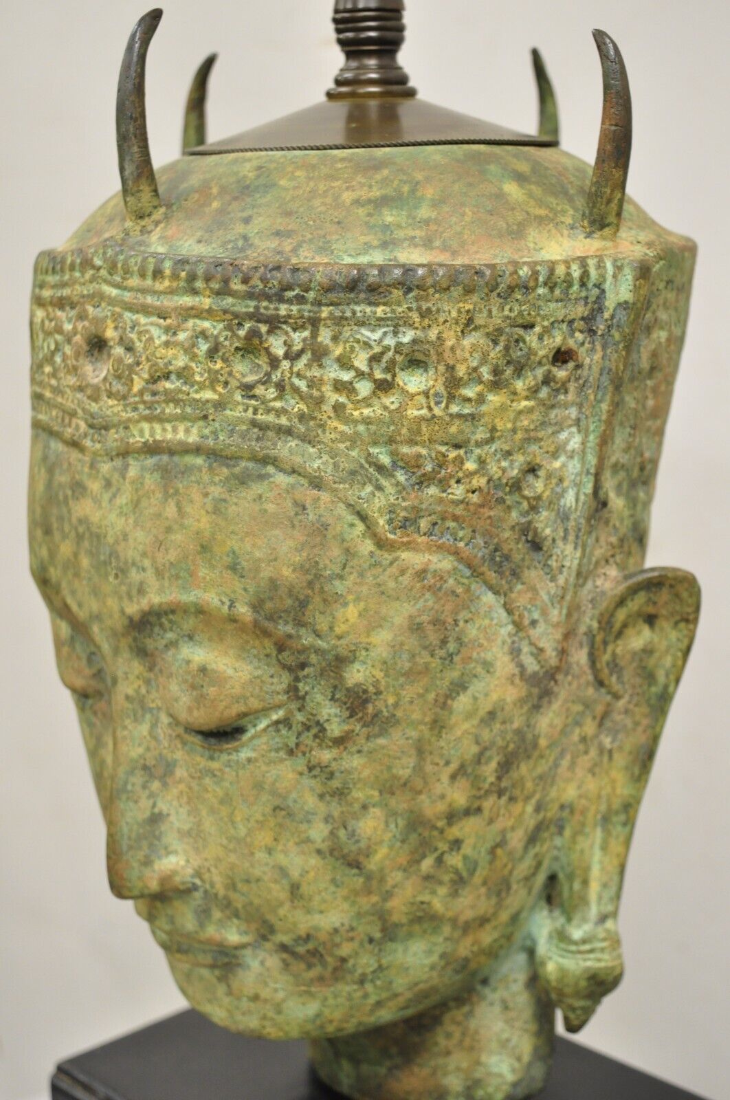 Vintage Thanh Le Vietnam Verdigris Bronze Siamese Buddha Bust Head Table Lamp