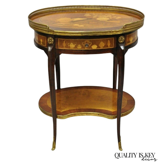 Vintage French Louis XV Style Marquetry Inlay Bronze Ormolu Oval Side Table