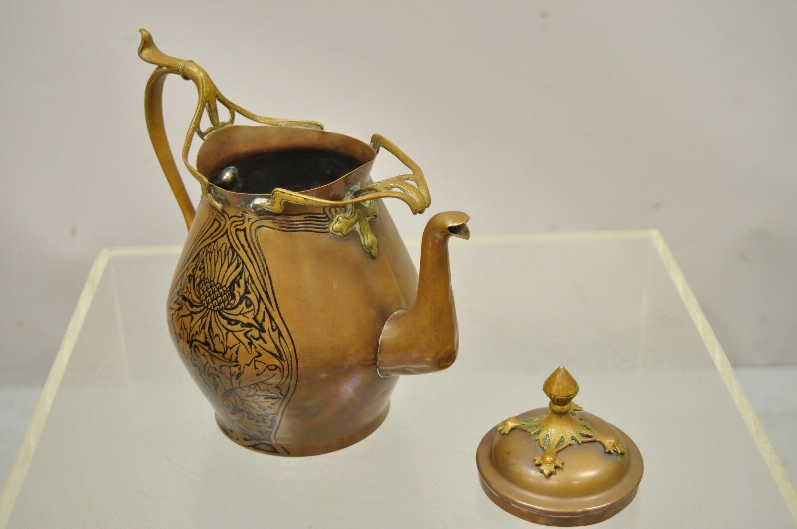 Carl Deffner Copper German Art Nouveau Thistle Tea Set - 4 pc Set