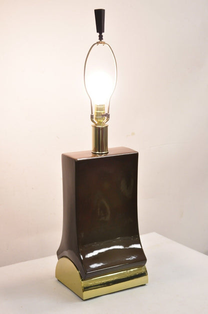 Vintage Laurel Mid Century Modernist Chocolate Brown Ceramic & Brass Table Lamp